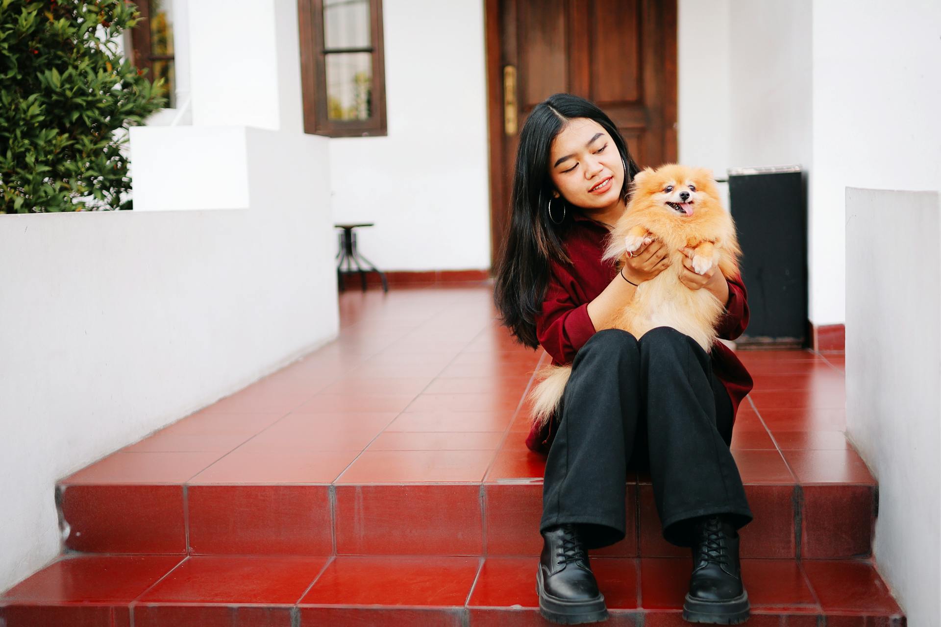 Woman Carrying Her Pomeranian Dog