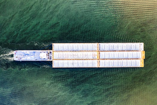 Drone shot of a cargo barge sailing on a large body of water with textured green surface.