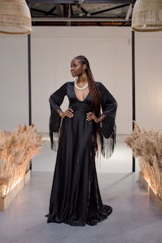 African woman models a chic black dress with braided hair and accessories indoors.
