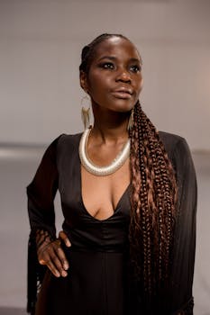 A confident woman with braided hair and chic accessories poses elegantly in a black dress indoors.