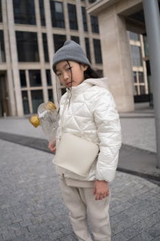 Fashionable child in winter clothing holding a skateboard on a city street.
