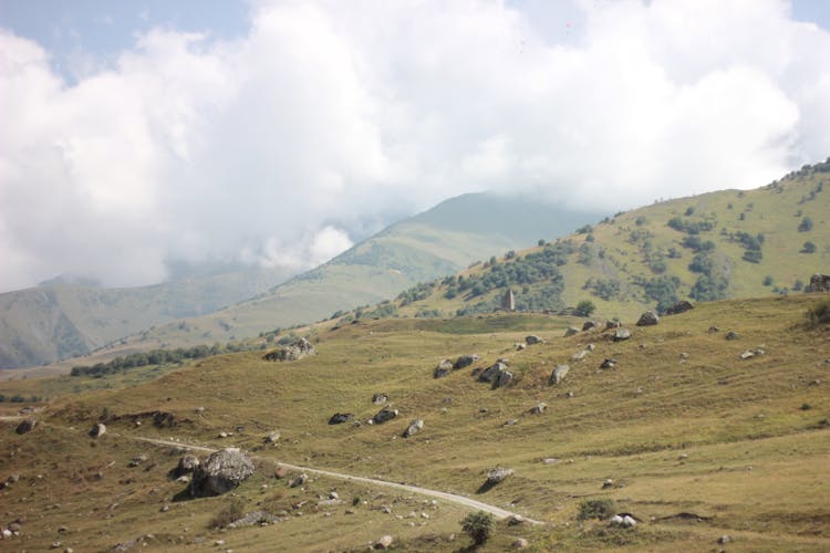 Green Hills In Fog In Mountain Landscape