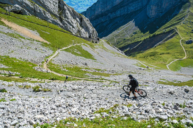 Man Walking Bike In Valley In Mountain Landscape