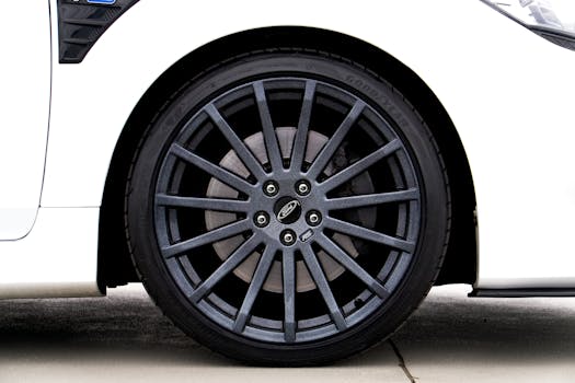 Detailed close-up of a modern alloy wheel on a car in the UK, showcasing sleek design.