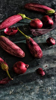 Artistic still life of red eggplants and onions with dramatic shadows.