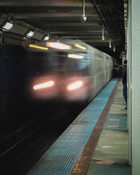 Blurred subway train in Chicago station showcasing urban commuting dynamics.