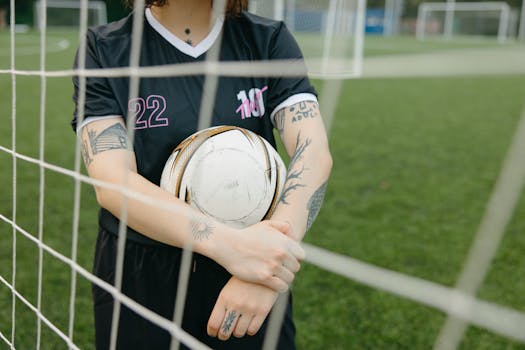 Close-up of a tattooed soccer player holding a ball on an outdoor field.