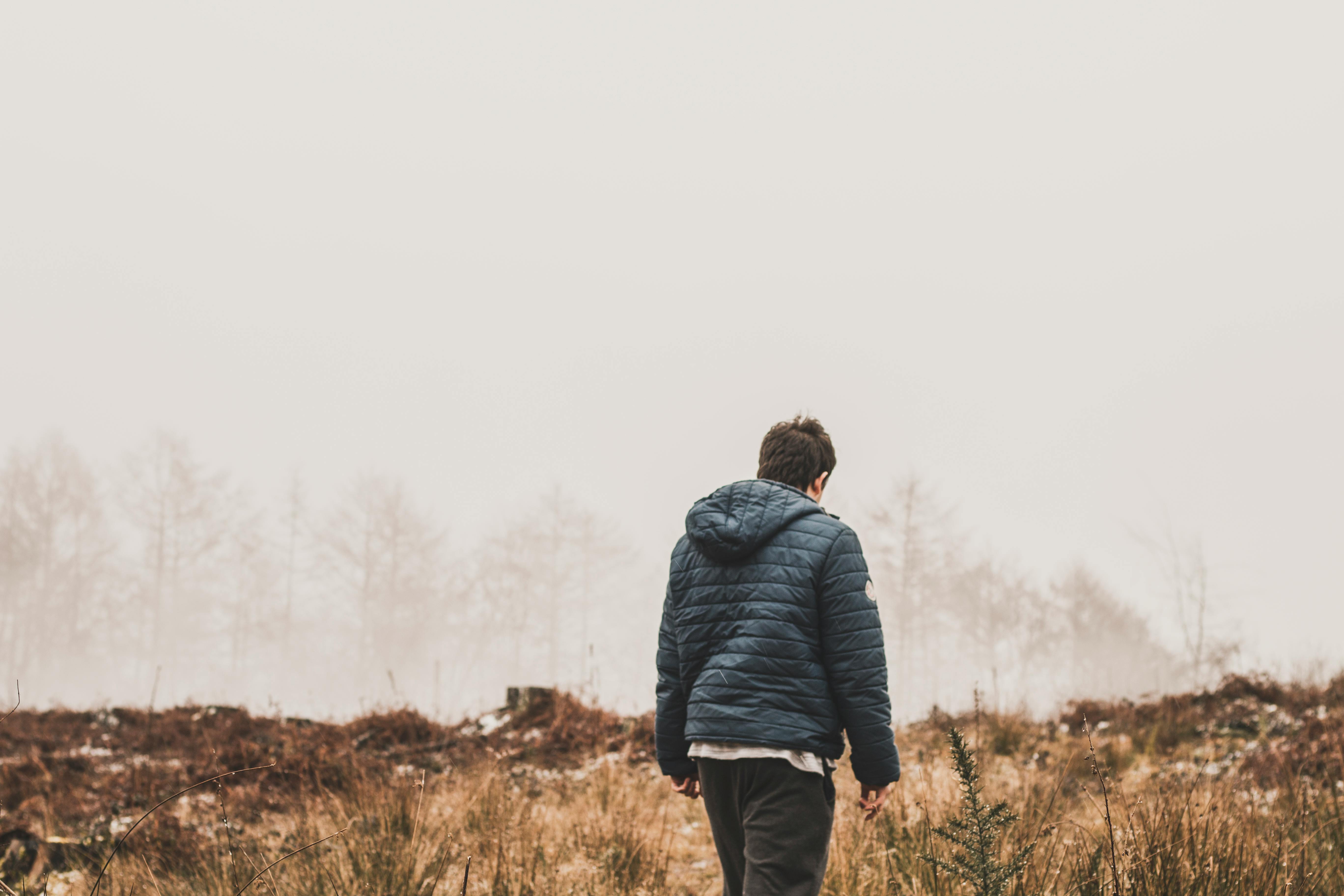 一个穿着蓝色夹克的男人，孤独地穿过雾蒙蒙的森林，营造出宁静的氛围