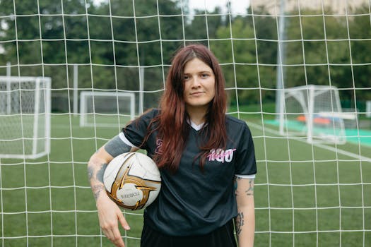 Young female soccer player posing with ball on outdoor field.