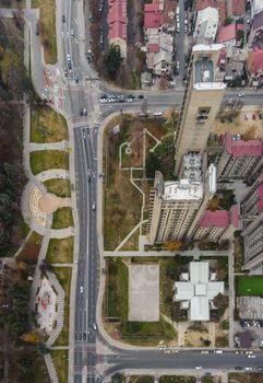 A stunning aerial shot capturing Skopje's urban architecture, roads, and greenery.