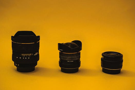 Three camera lenses displayed against a vibrant yellow background, showcasing focus and equipment.