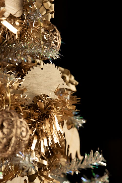 Close-up of Christmas Ornaments and Tinsel 