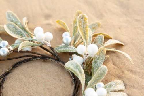 Free Close-up of a frosted leaf and berry wreath on sandy beach, perfect for winter or holiday themes. Stock Photo