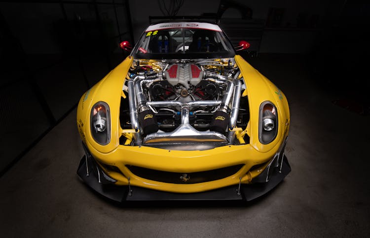 Engine Of A Yellow Ferrari 599