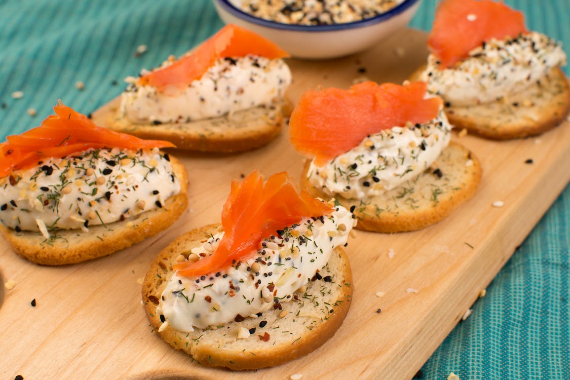 Breads with Cream Cheese and Salmon on Top 