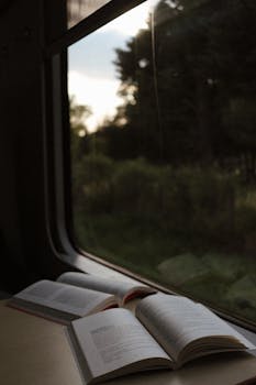 Open books resting on a train table, offering relaxation during a scenic journey.