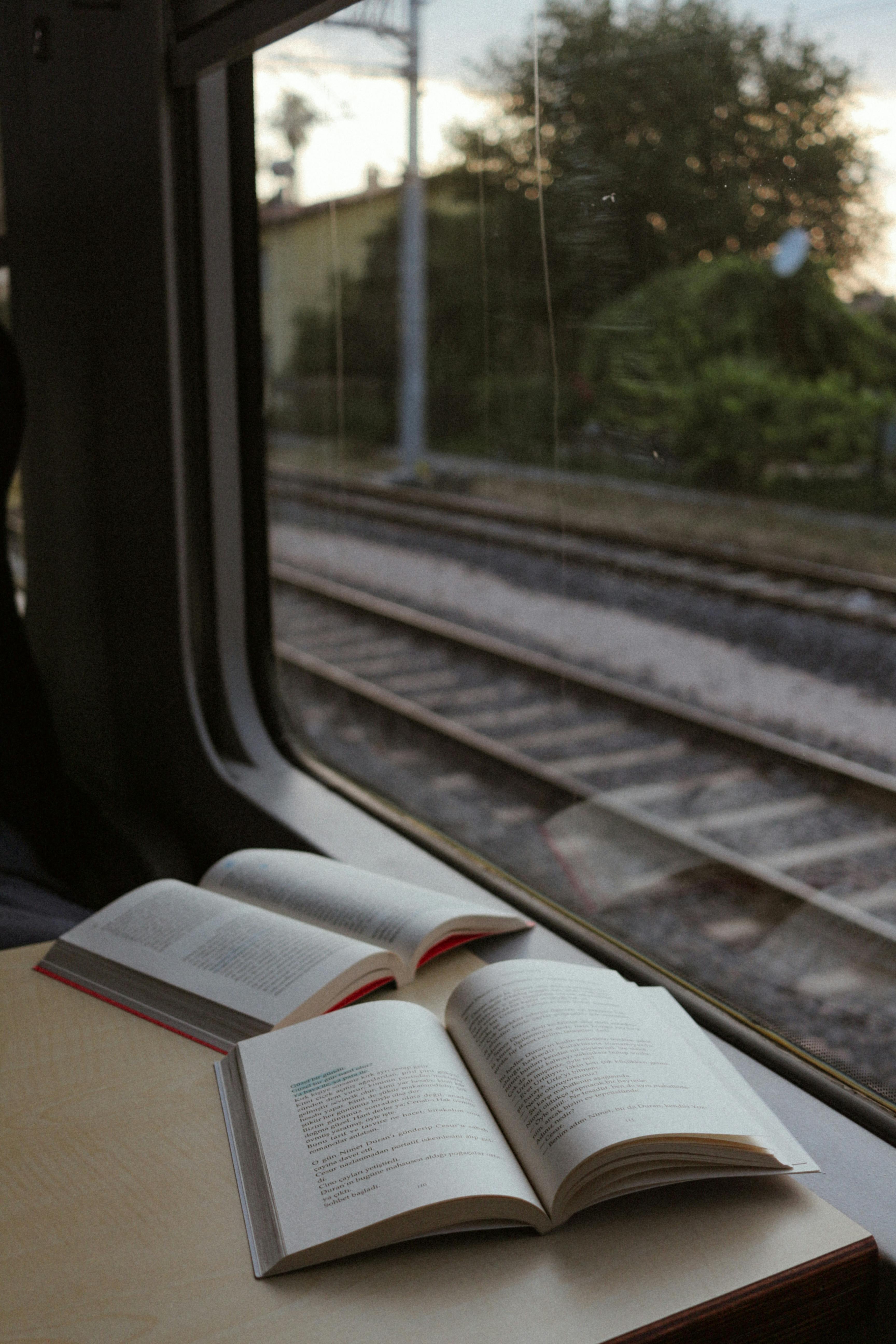 A serene scene of open books on a train journey with a view of the railway tracks and trees outside.