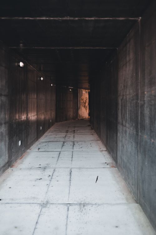 Free Explore the eerie ambiance of an abandoned concrete corridor with muted lighting and urban decay. Stock Photo