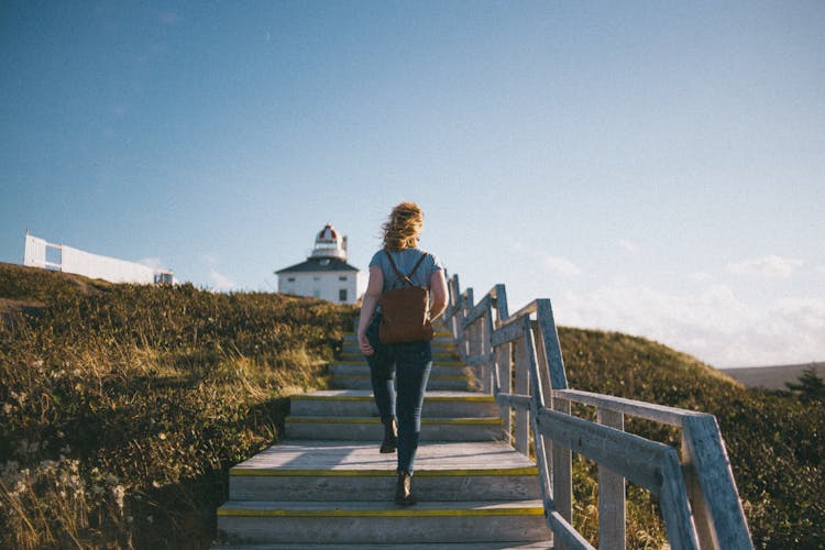 Back View Of A Woman Climbing A Wooden Stairs In The Green Field