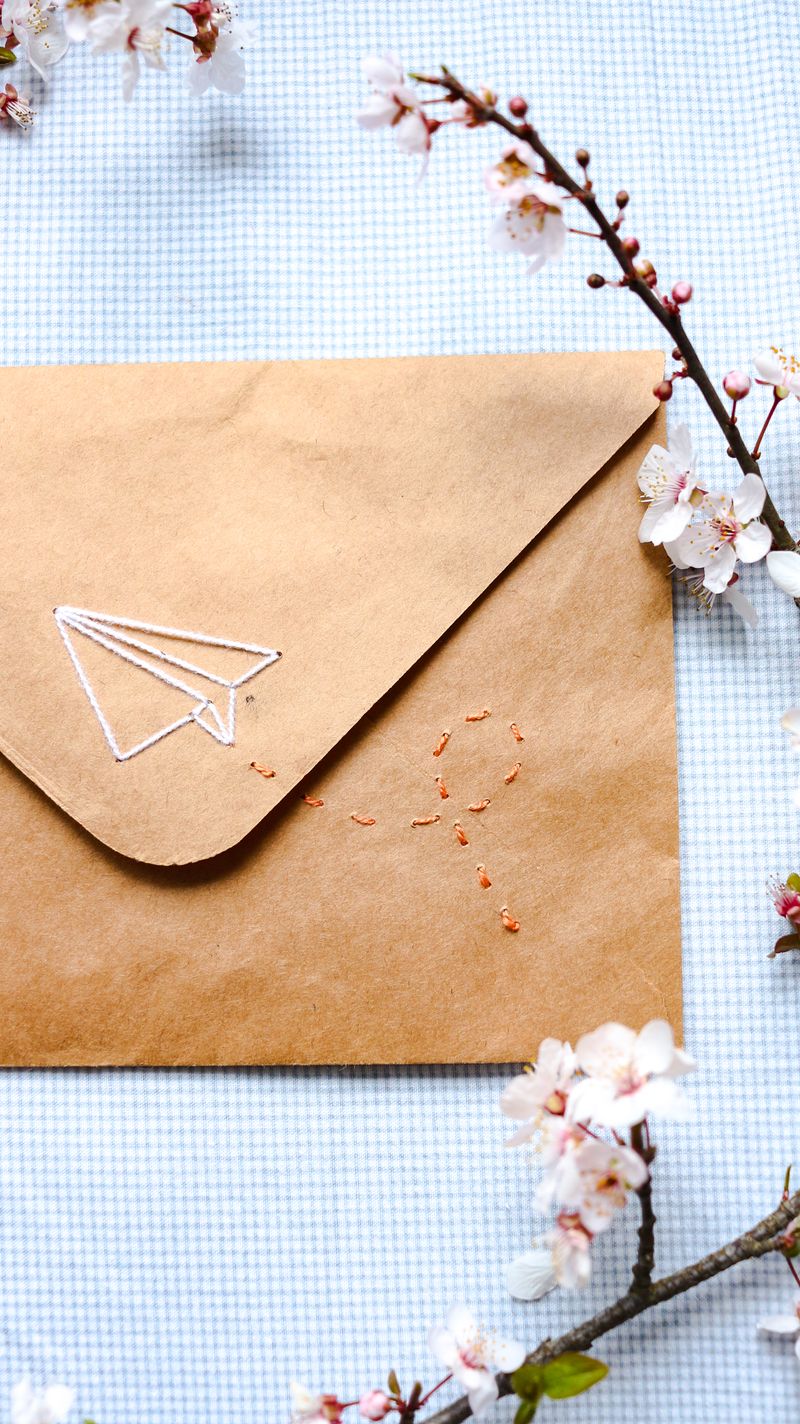Kraft envelope hand-embroidered with a paper plane, blossom branches alongside — photo by hissetmehurriyeti on Pexels