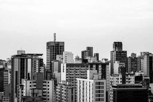 Free A striking black and white cityscape capturing the urban skyline's architectural diversity. Stock Photo