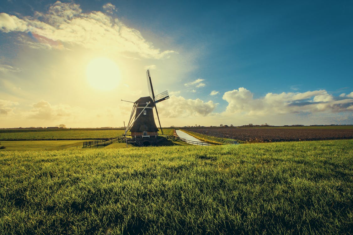 Vintage Zwarte Windmolen Tijdens Zonsondergang