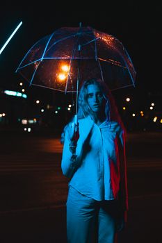 A dramatic nighttime portrait of a woman holding a transparent umbrella under city lights.