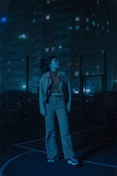 A woman stands under streetlights amid towering buildings at night, capturing city life essence.