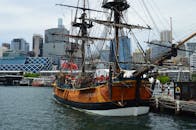 悉尼港里停泊着一艘老式船，背景是城市天际线