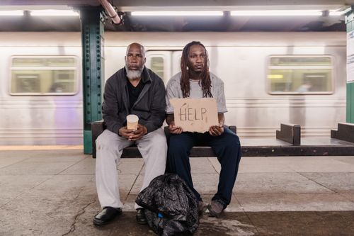 Free Two men sitting in a subway station with a cardboard sign reading 'HELP', highlighting social issues. Stock Photo