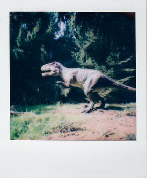 Blurred Polaroid capturing a T-Rex model in a forest, evoking prehistoric themes.