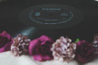 在怀旧场景中，一张复古黑胶唱片被充满活力的玫瑰和花朵环绕