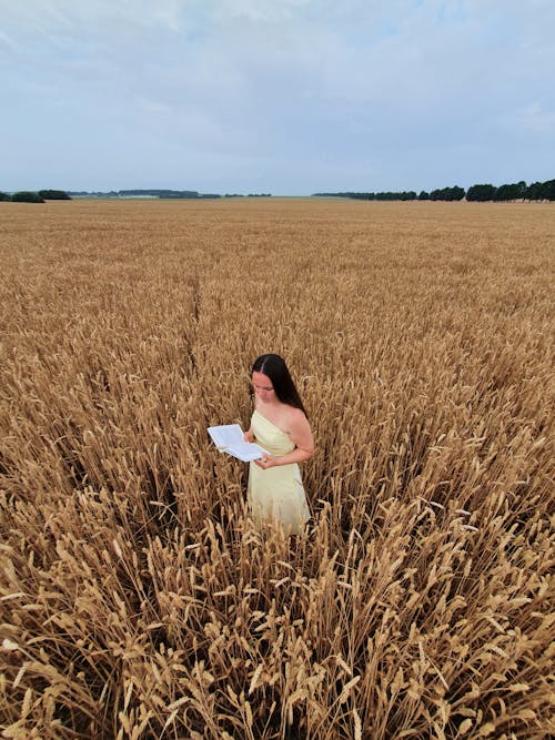 A Woman Standing in Brown Wheat Field