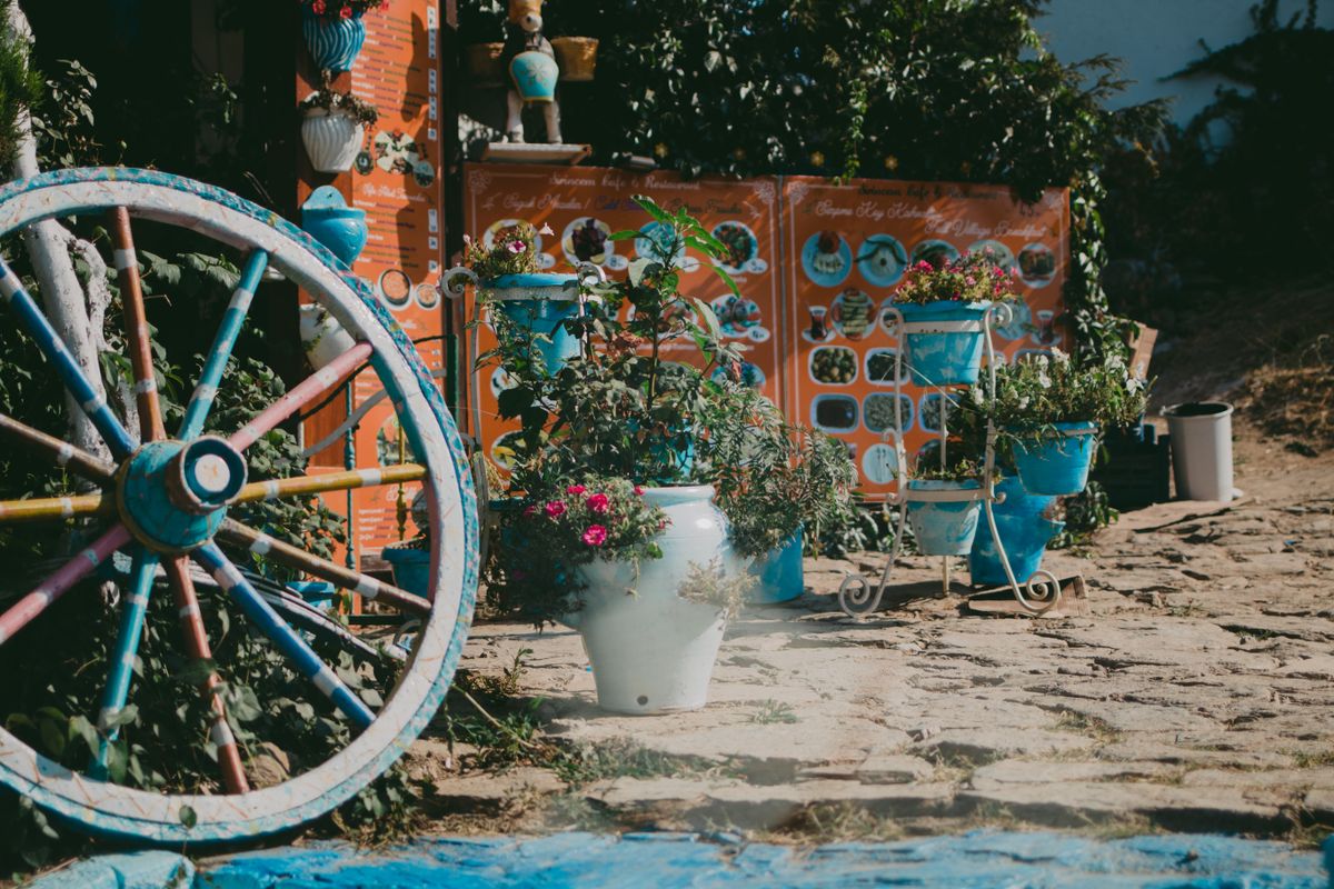 Vibrant garden scene featuring a painted wagon wheel, potted plants, and flowers in blue containers. Stock Photo.