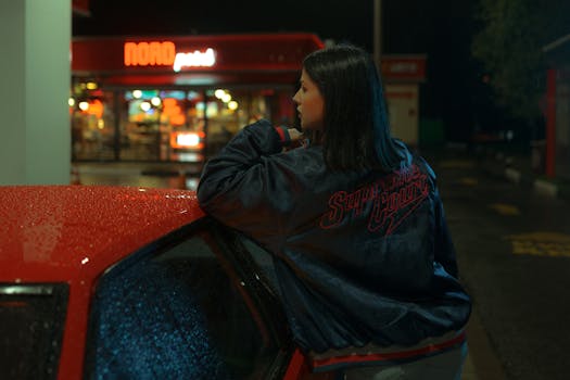A woman in a jacket leans on a red car outside a brightly lit city store at night.