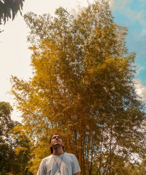 日出时分，在巴西宁静的乡村，一名男子沉思着站在高高的竹林下