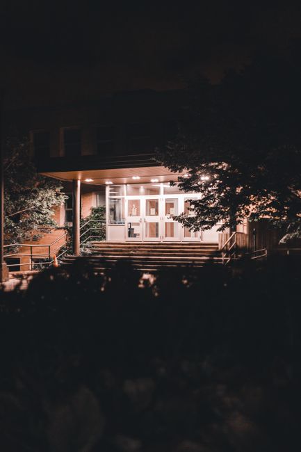 A beautifully lit building entrance with stairs and trees captured at night.