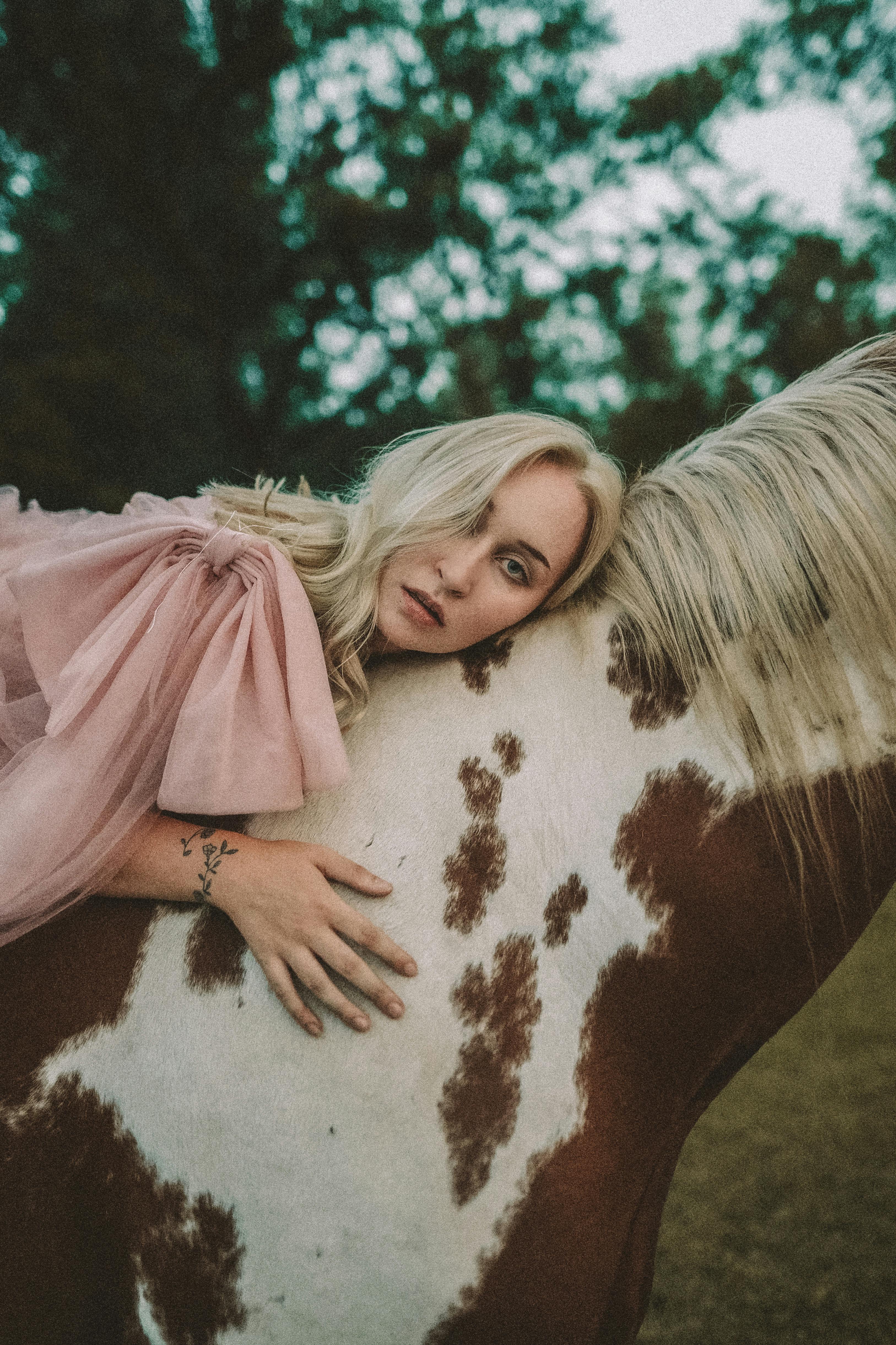 A young woman in a pink dress affectionately embraces a spotted horse in a serene outdoor setting.