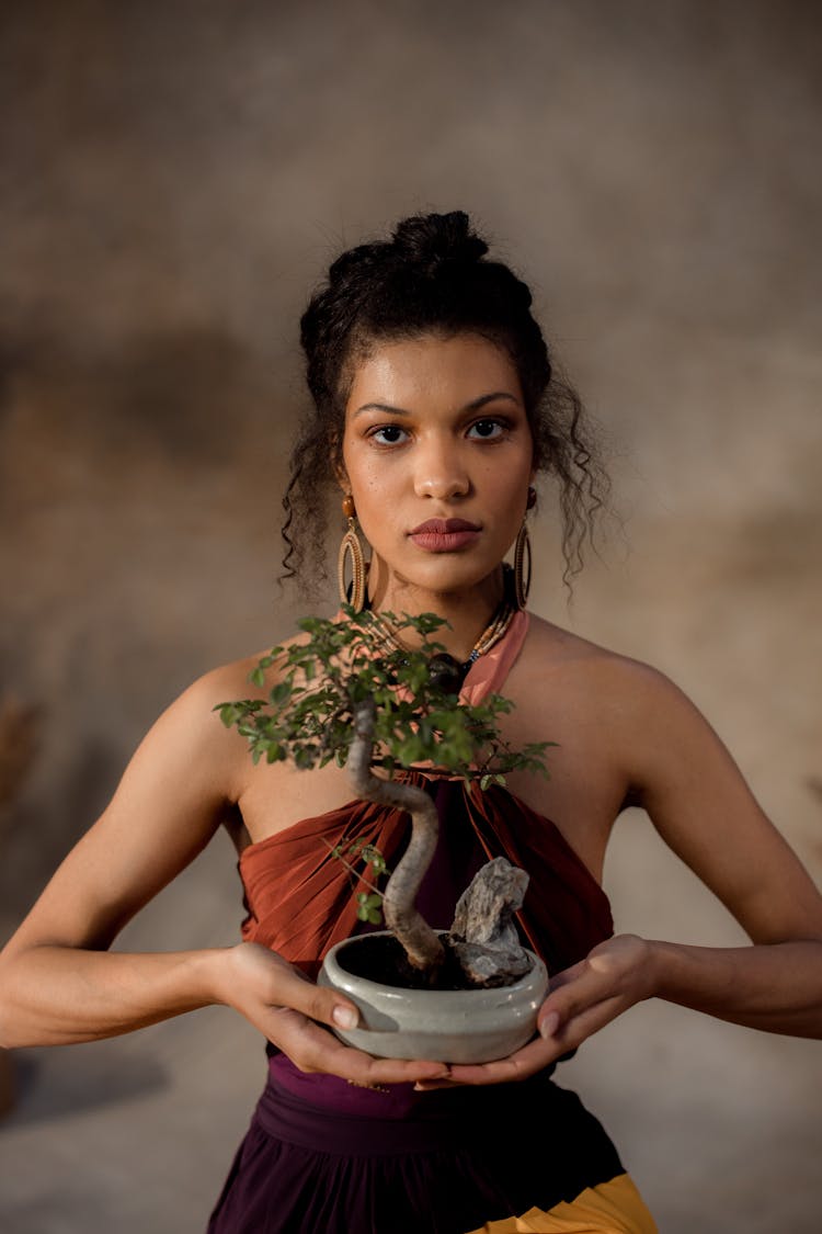 Woman Holding Bonsai Tree