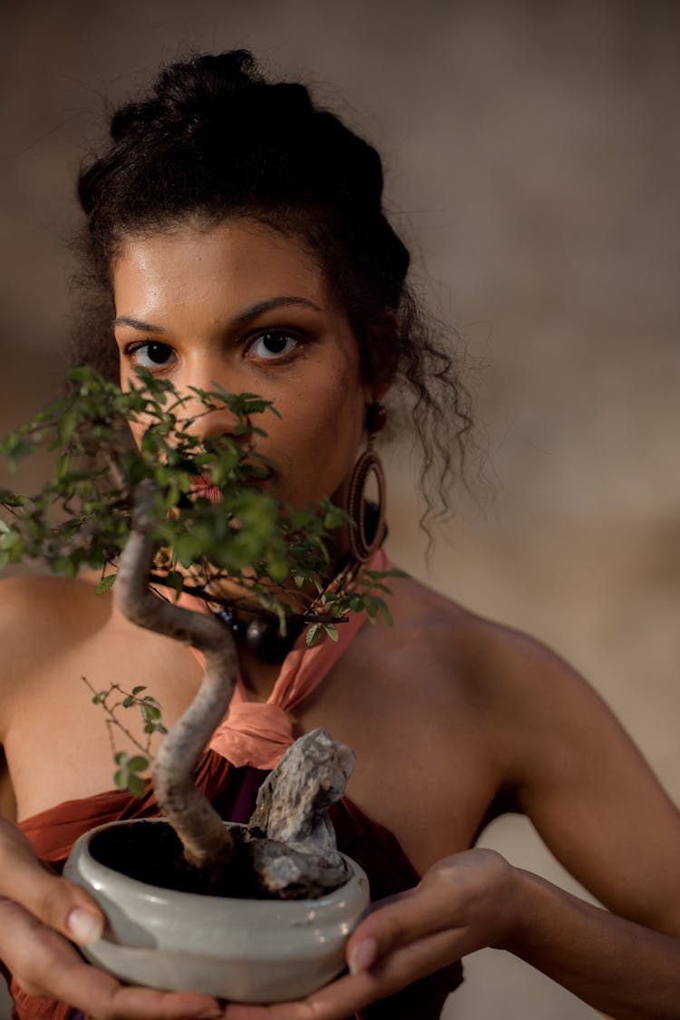 A Woman Holding A Bonsai Plant