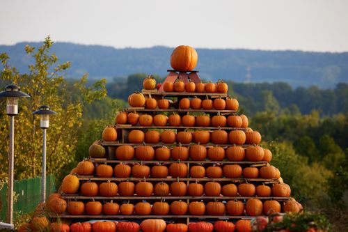 Free A striking pyramid of pumpkins outdoors set against a lush landscape, perfect for autumn themes. Stock Photo
