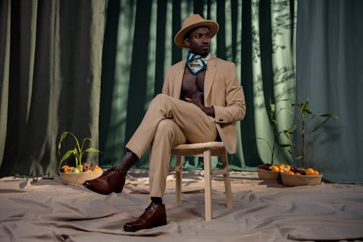 Fashionable man in a tan suit and hat sitting stylishly on a wooden chair indoors.