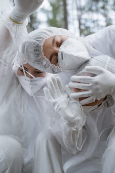 Two healthcare professionals in protective suits ensuring safety outdoors.