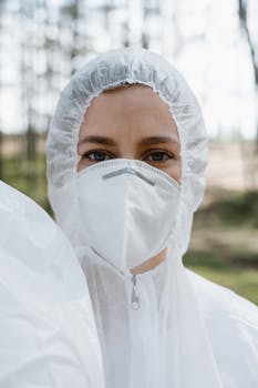 Photo by Ron Lach Woman in protective gear standing in a forest, highlighting environmental care.