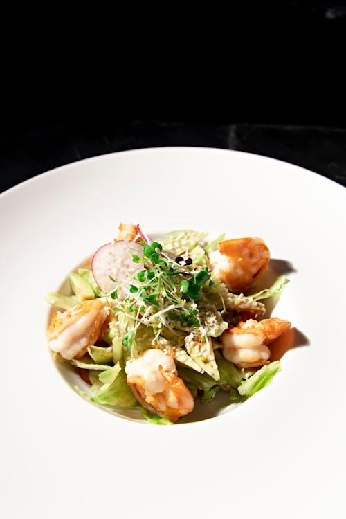 Vegetable Salad with Shrimp on White Ceramic Plate