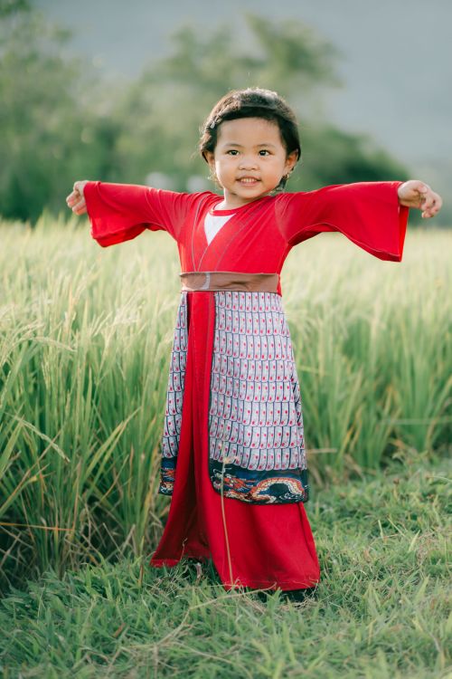 Free A cheerful child in vibrant traditional clothing stands in a lush grass field, spreading arms joyfully. Stock Photo