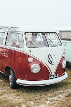 Classic Volkswagen van parked on grass with a vintage vibe.