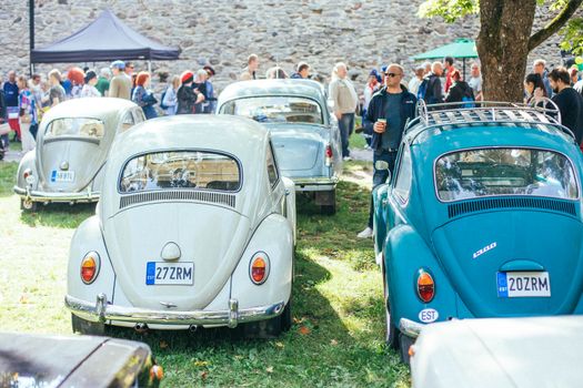 Vintage Volkswagen Beetles showcased at an outdoor event, attracting car enthusiasts.