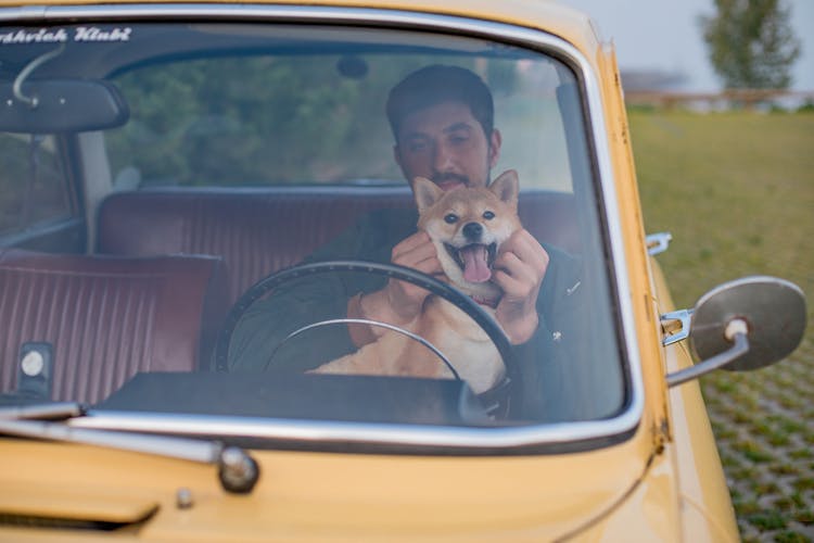 A Man Sitting Inside A Car With His Dog 