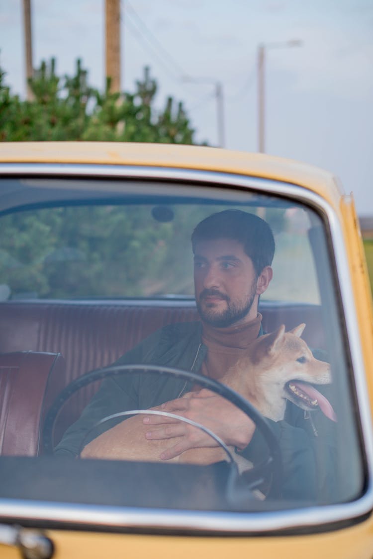 A Man In A Car With His Dog